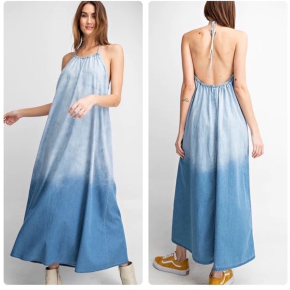 EASEL Long Chambray Halter Low Ombré Back Flowy Maxi Dress Size Medium - Picture 1 of 9